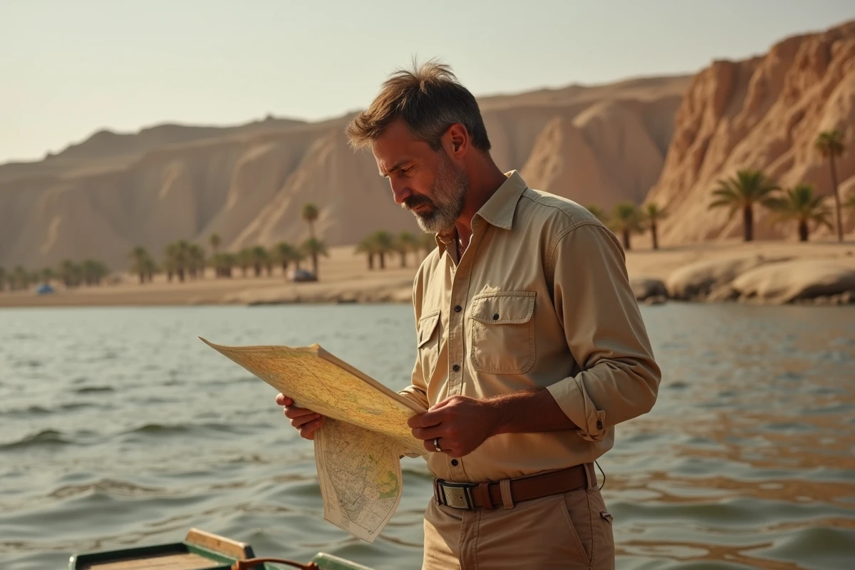 Géographe étudiant une carte topographique sur un bateau de recherche sur le Nil en Égypte, avec les rives sablonneuses et les palmiers en arrière-plan