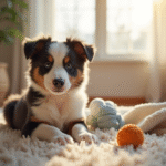 Jeune chiot border collie assis sur un tapis lumineux