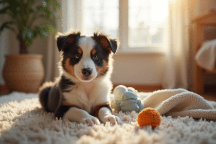 Jeune chiot border collie assis sur un tapis lumineux