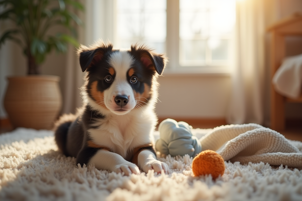 Jeune chiot border collie assis sur un tapis lumineux