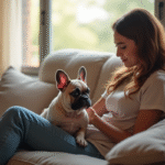 Chiot bulldog francais anxieux sur un canapé avec une femme