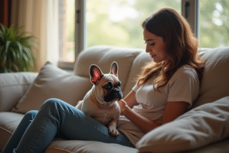 Chiot bulldog francais anxieux sur un canapé avec une femme