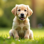 Chiot labrador assis dans un parc ensoleille avec verdure