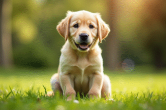 Chiot labrador assis dans un parc ensoleille avec verdure