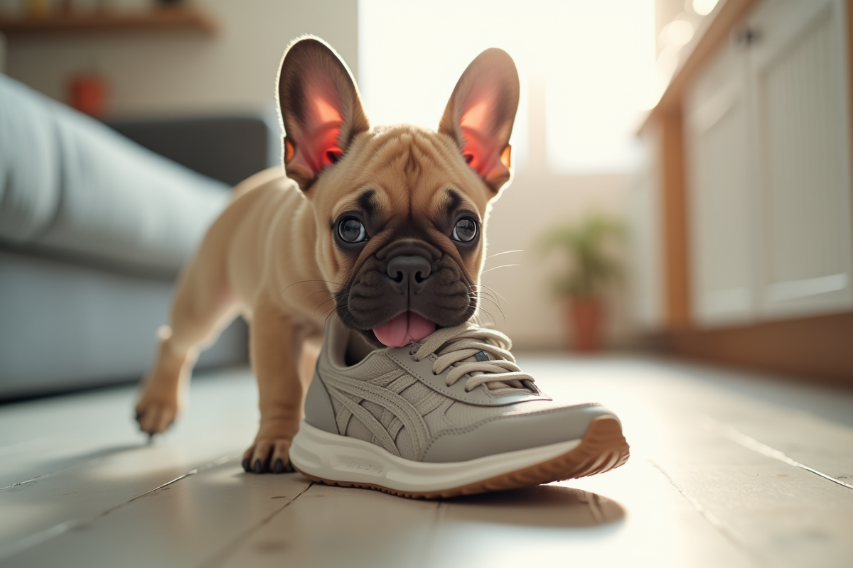 Chiot bulldog francais mordant une chaussure dans la cuisine lumineuse