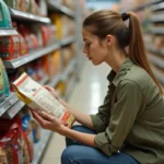Femme lisant les informations nutritionnelles sur un sac de croquettes pour chien dans une animalerie