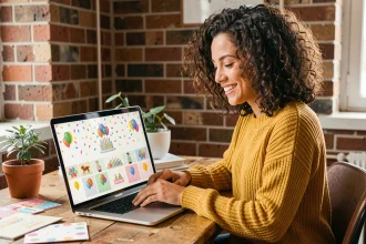 Femme souriante choisissant des GIFs d'anniversaire originaux sur son ordinateur portable dans un bureau chaleureux