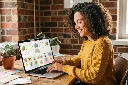 Femme souriante choisissant des GIFs d'anniversaire originaux sur son ordinateur portable dans un bureau chaleureux