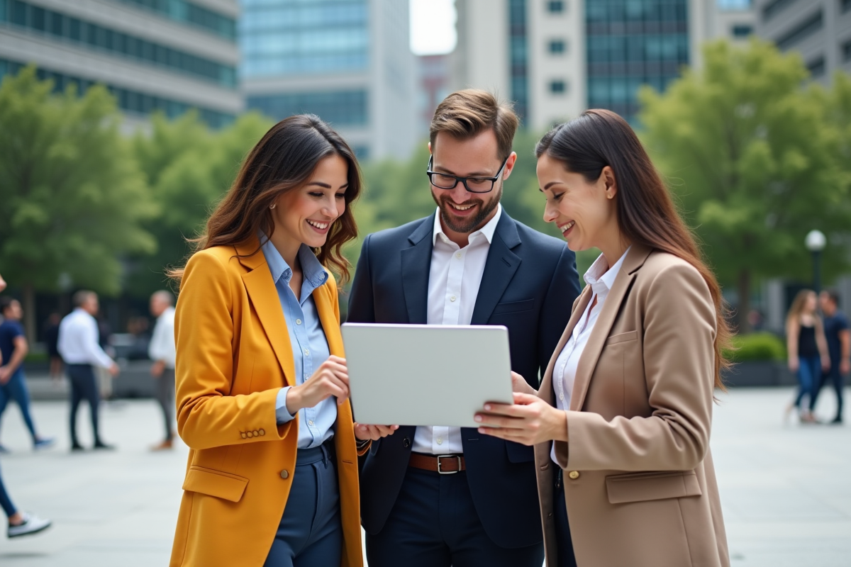 Trois collègues en extérieur dans un espace urbain dynamique