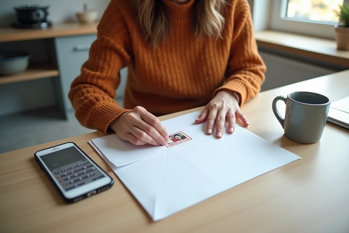 Jeune femme collant un timbre sur une grande enveloppe contenant un CV avec une balance numérique sur une table de cuisine
