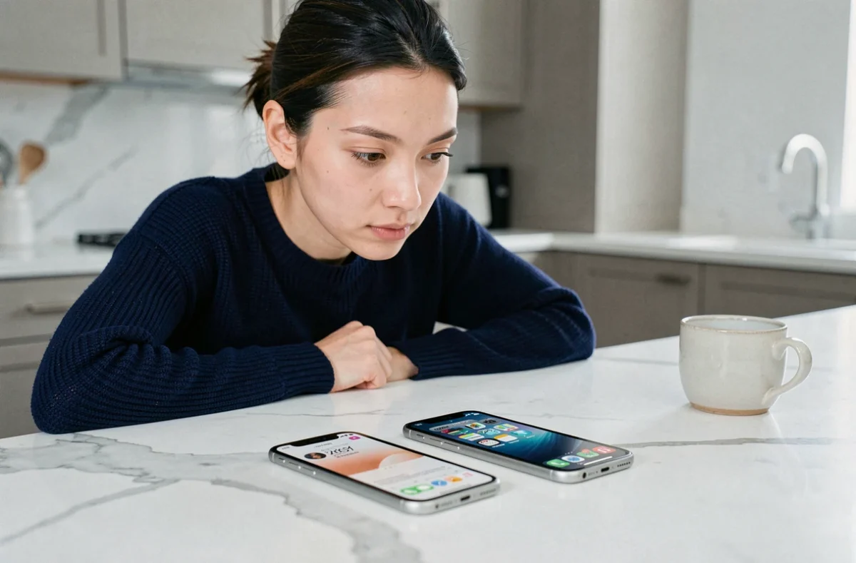 Femme comparant deux anciens smartphones pour évaluer leur valeur de revente sur un comptoir en marbre