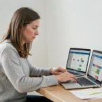 Femme comparant deux calculatrices de dates en ligne sur deux ordinateurs portables posés côte à côte sur un bureau en bois