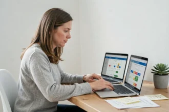 Femme comparant deux calculatrices de dates en ligne sur deux ordinateurs portables posés côte à côte sur un bureau en bois