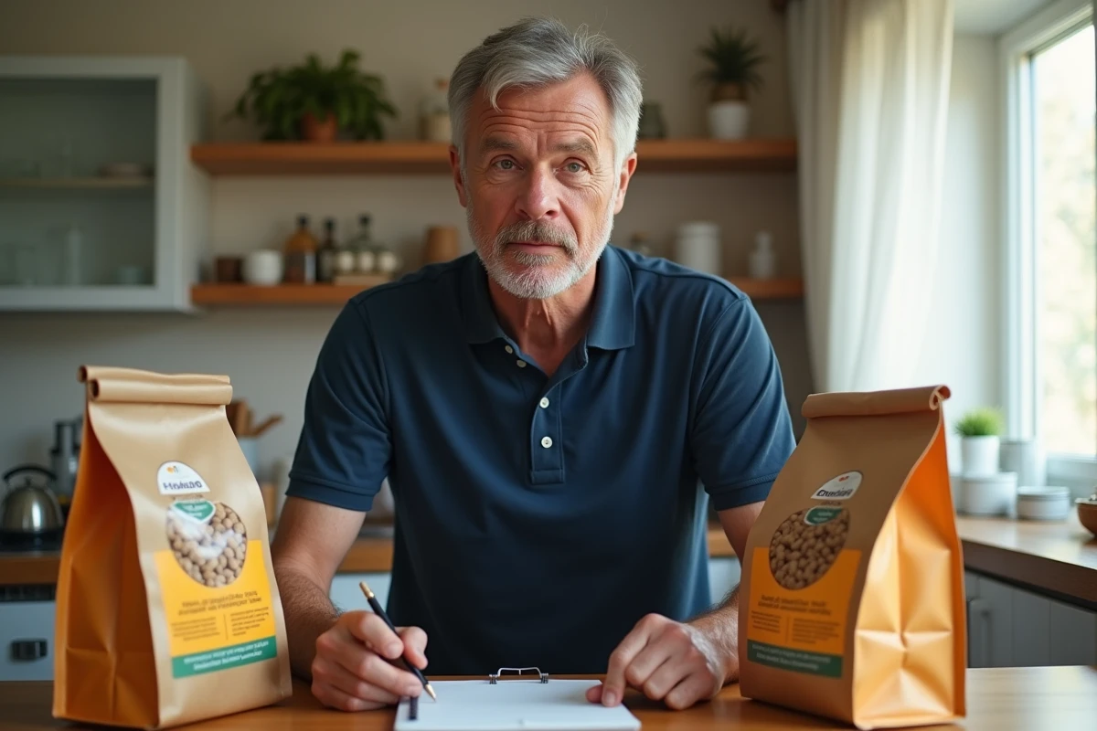 Homme comparant deux sacs de croquettes premium pour chien sur une table de cuisine