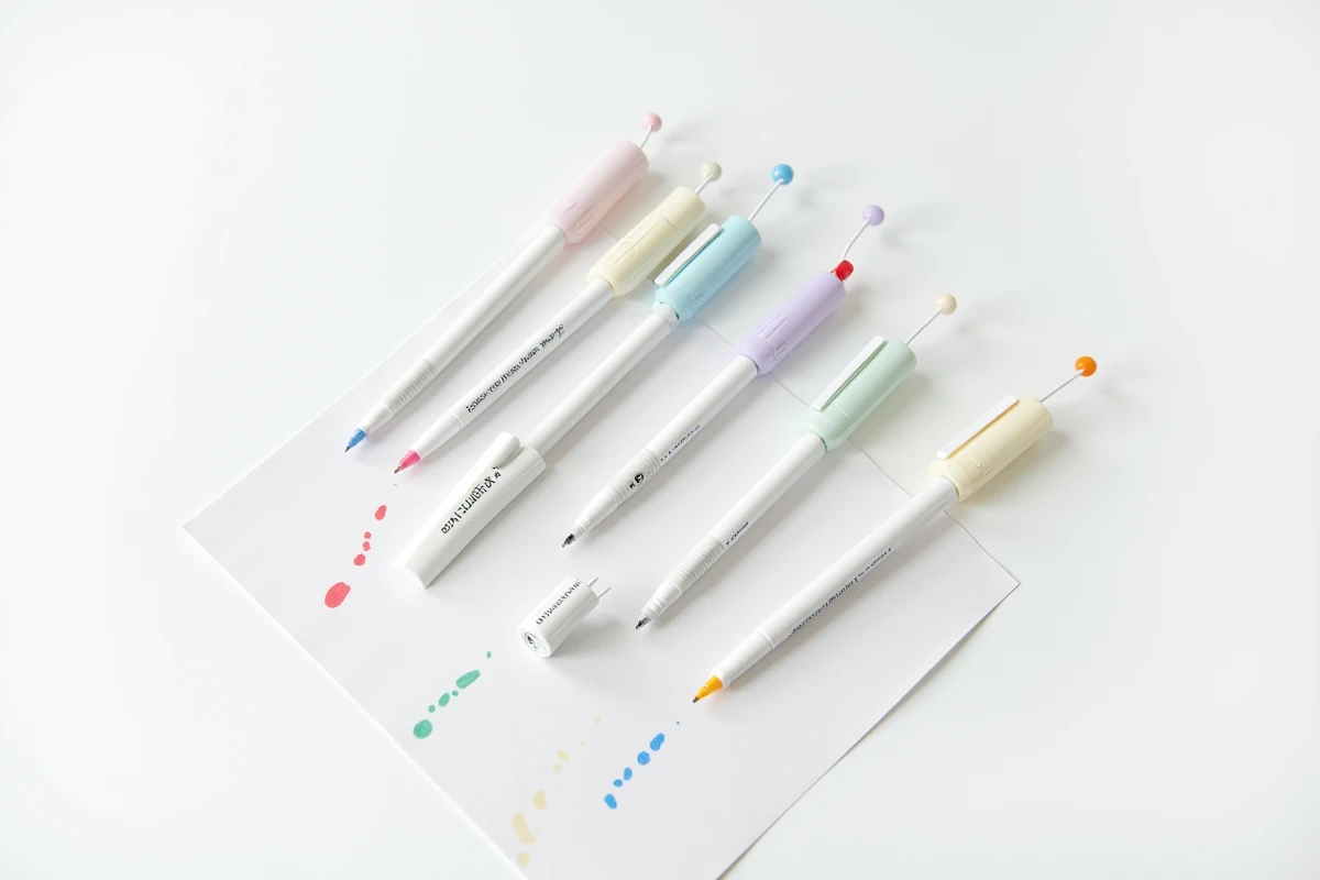 Comparatif de plusieurs stylos 4 couleurs effaçables de différentes marques disposés en à plat sur fond blanc