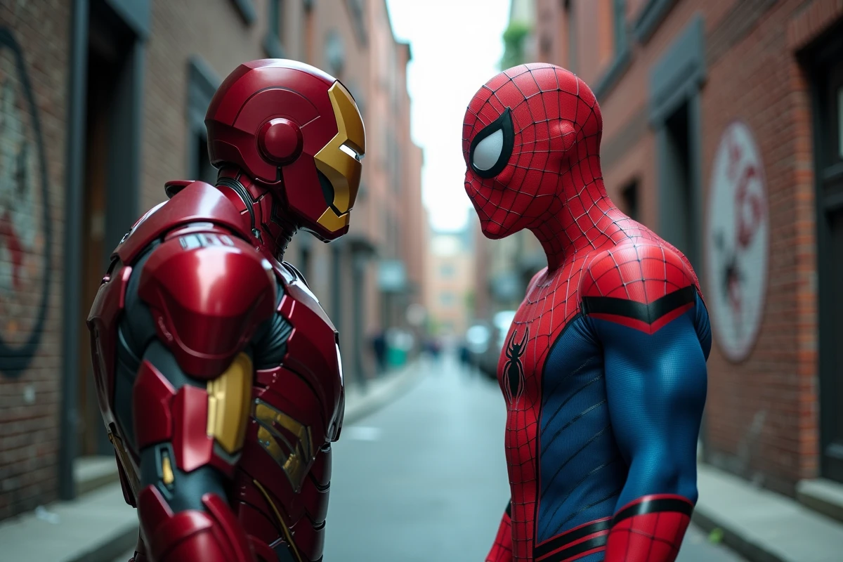 Confrontation dramatique entre Iron Man et Spider-Man en cosplay dans une ruelle urbaine, illustrant les trahisons et tensions dans les Avengers