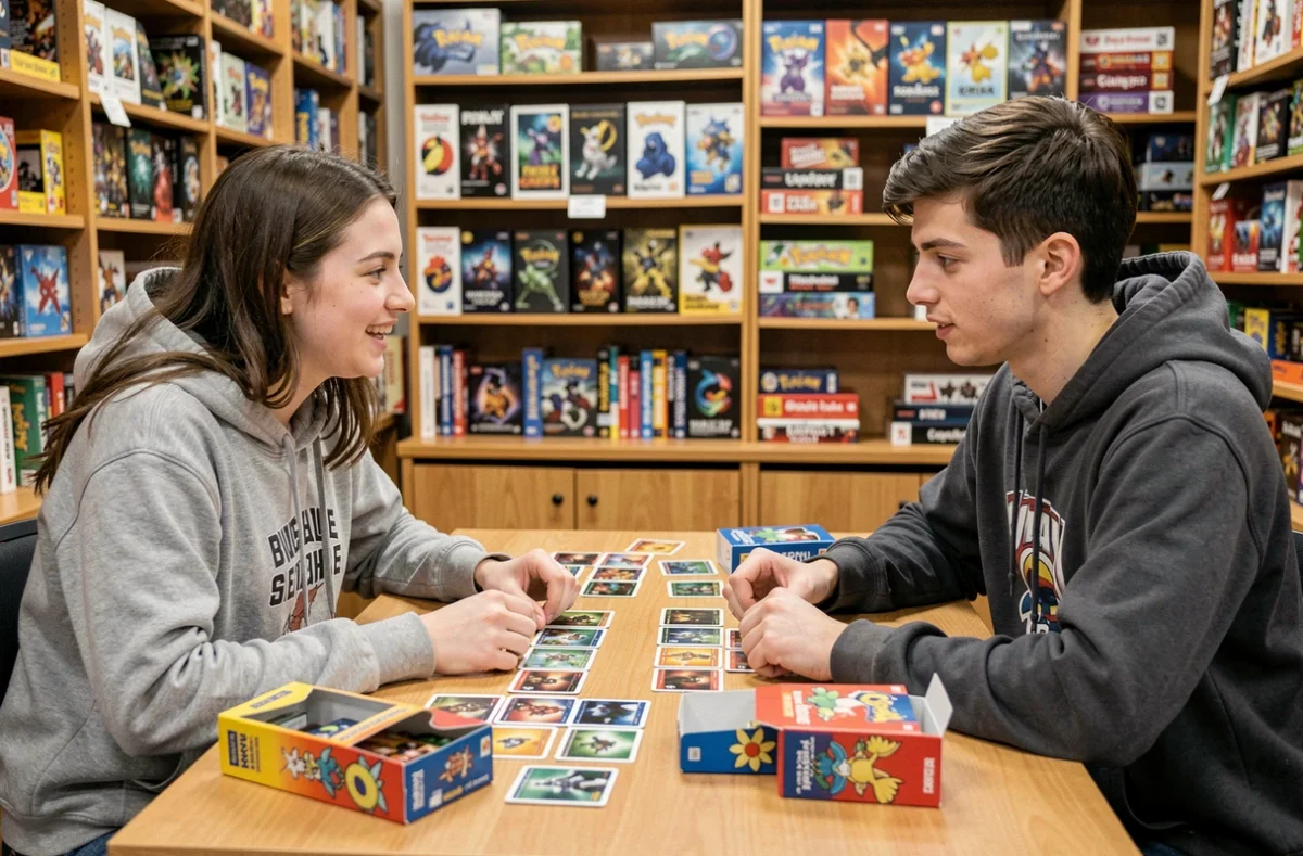 Deux joueurs construisant leurs decks Pokémon avec des boosters Foudre Noire et Flamme Blanche dans un magasin de jeux