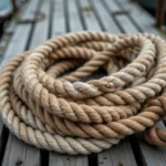Gros plan de cordages nautiques en chanvre et nylon enroulés sur un quai en bois vieilli
