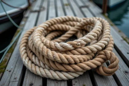Gros plan de cordages nautiques en chanvre et nylon enroulés sur un quai en bois vieilli