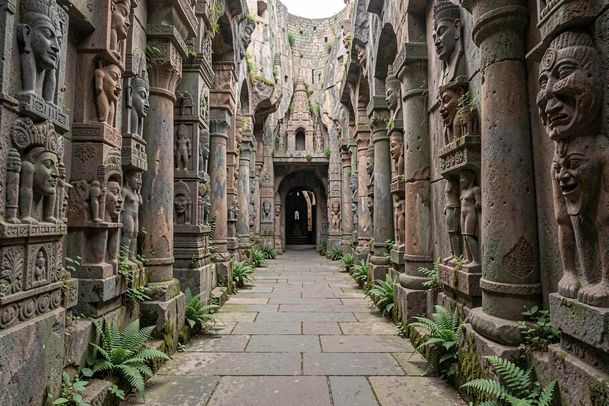 Passage intérieur du Palais Idéal du Facteur Cheval avec des murs couverts de colonnes égyptiennes et de temples sculptés dans la pierre