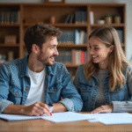 Jeune couple en réunion d'adoption dans un bureau français