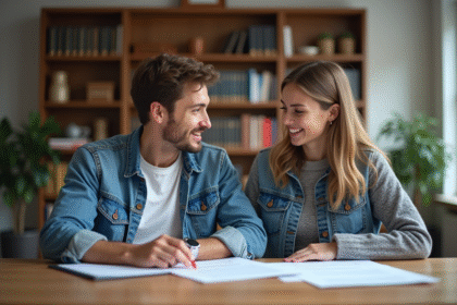 Jeune couple en réunion d'adoption dans un bureau français