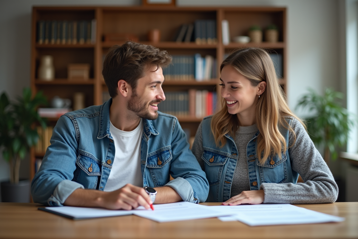 Jeune couple en réunion d'adoption dans un bureau français