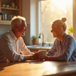 Vieux couple buvant un café dans une cuisine lumineuse