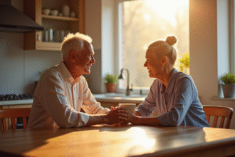 Vieux couple buvant un café dans une cuisine lumineuse