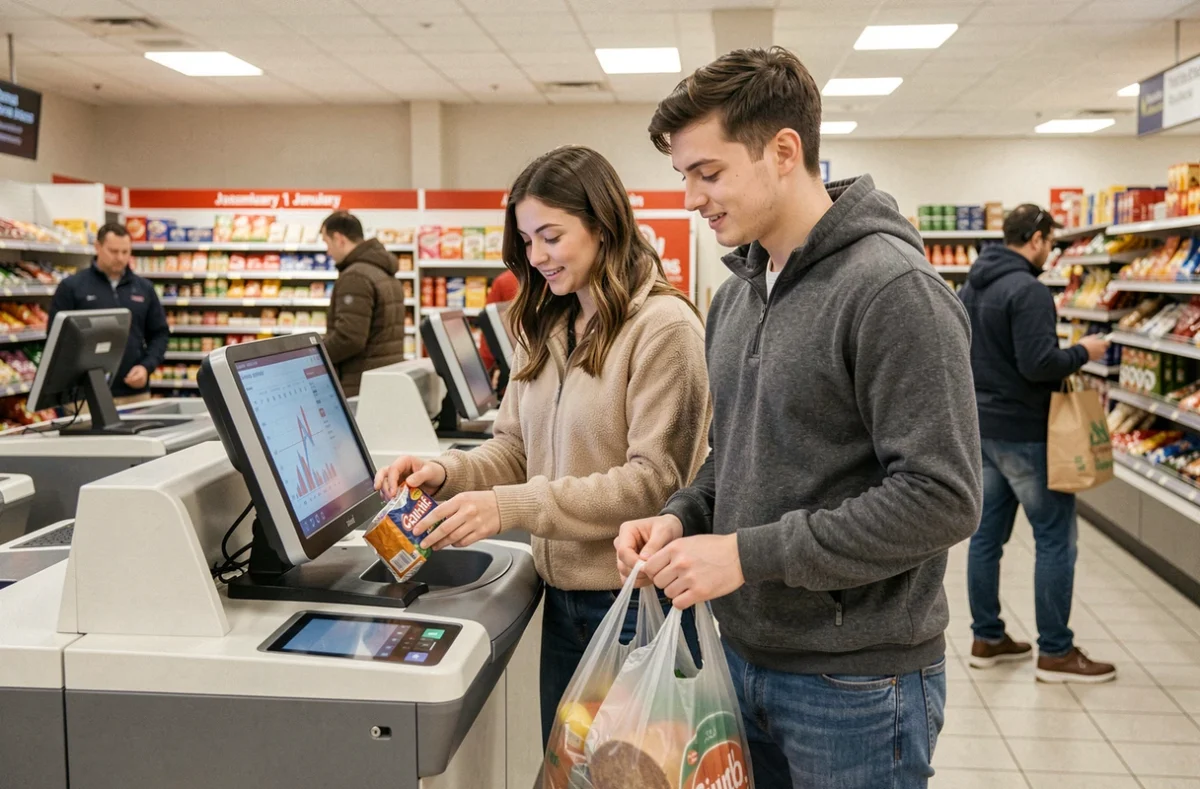 Couple faisant ses courses en caisse automatique dans un supermarché ouvert le 1er janvier, ambiance détendue et organisée