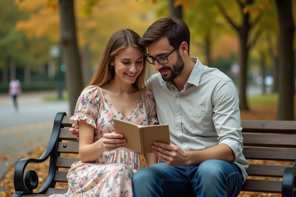Couple lisant une carte avec un proverbe sur l'amour dans un parc aux feuilles d'automne