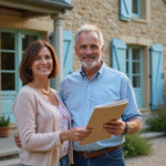 Couple souriant devant maison de campagne française