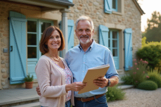 Couple souriant devant maison de campagne française