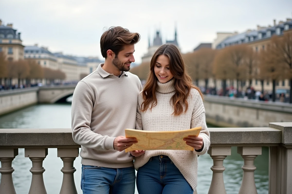 Jeune couple regardant une carte sur un pont parisien
