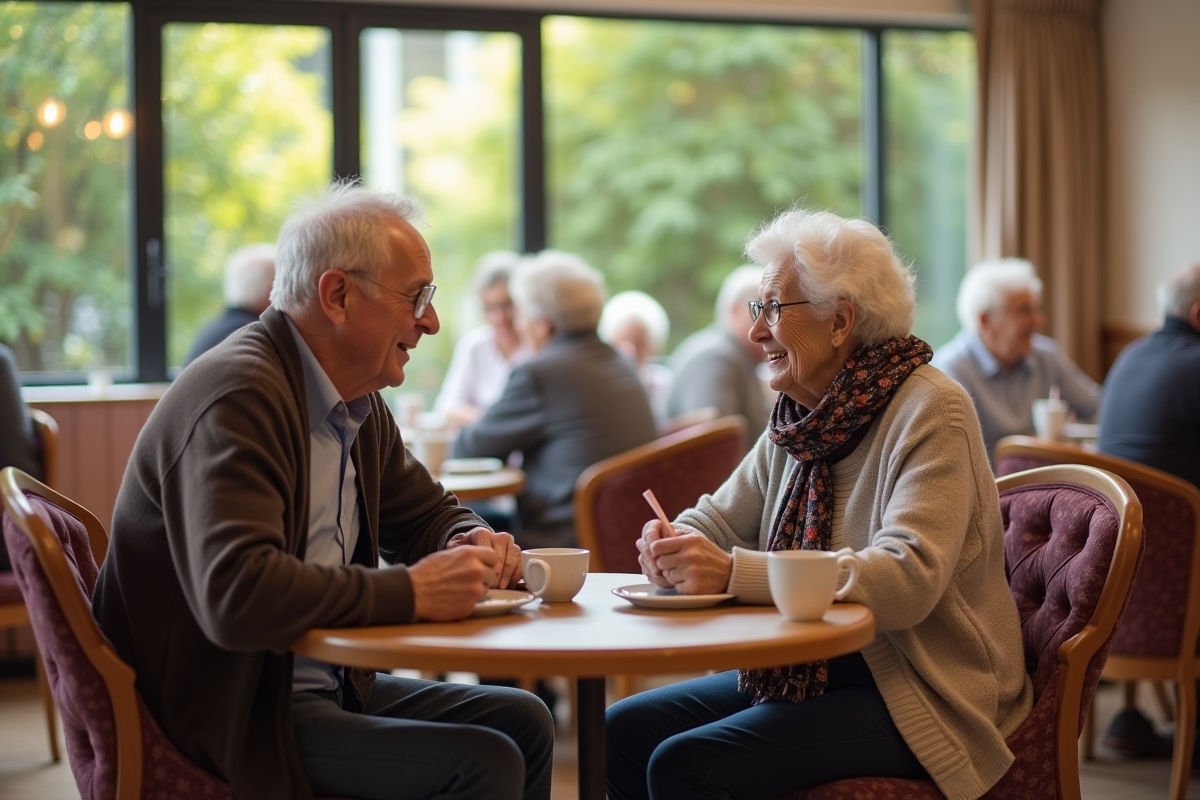 Couple de seniors assis à une table dans une salle à manger conviviale