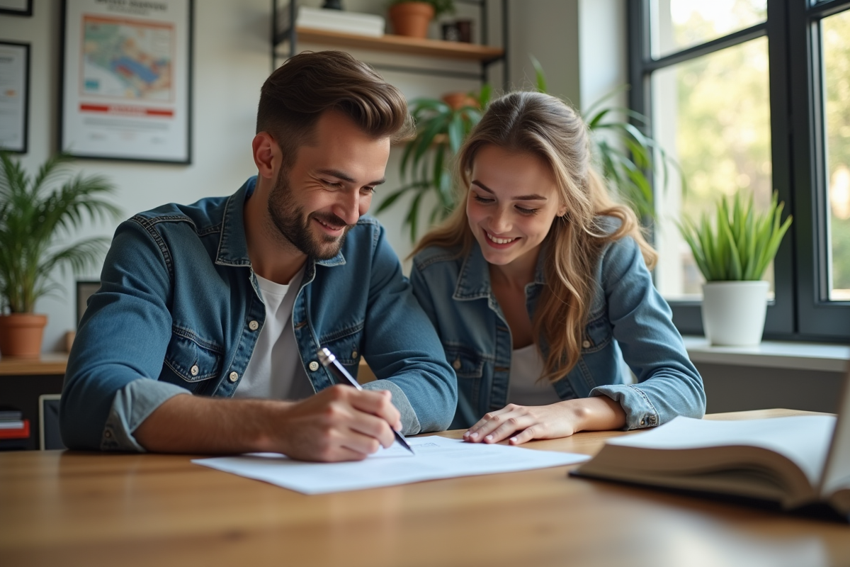 Jeune couple signant un contrat de location dans un bureau