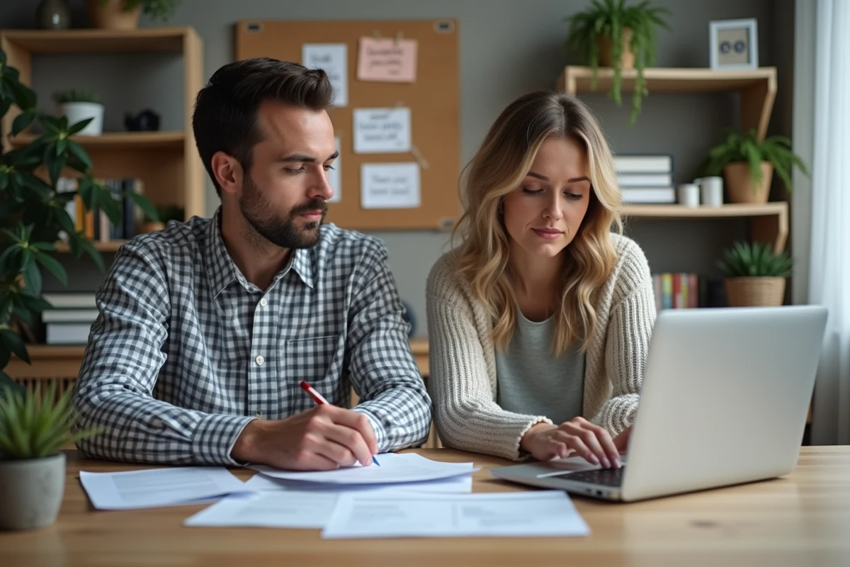 Couple travaillant sur un ordinateur dans un bureau à domicile