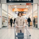 Femme faisant ses courses dans un supermarché ouvert le 1er janvier avec un caddie, magasin calme en début d'année