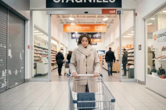 Femme faisant ses courses dans un supermarché ouvert le 1er janvier avec un caddie, magasin calme en début d'année