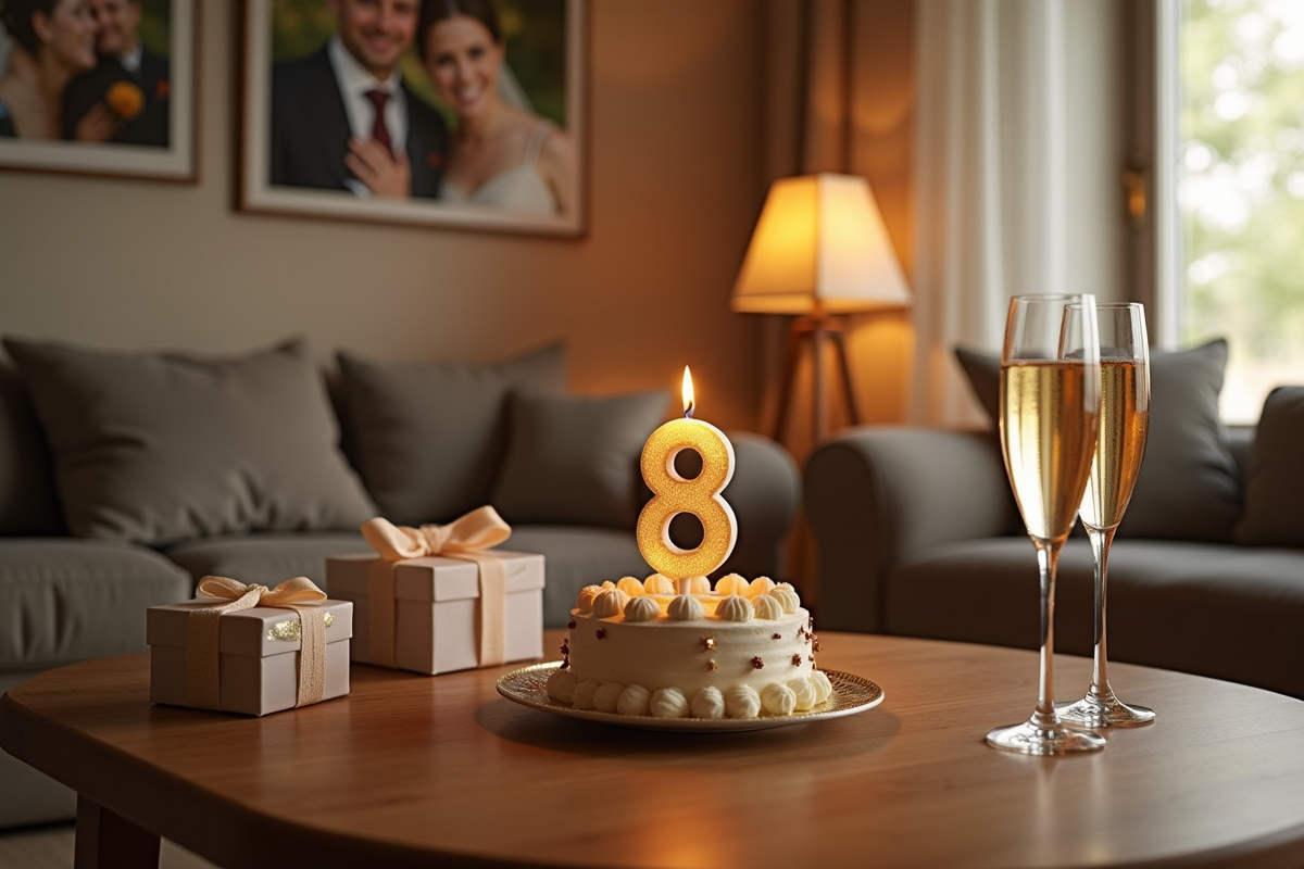 Salon chaleureux pour anniversaire de mariage avec gâteau et cadeaux
