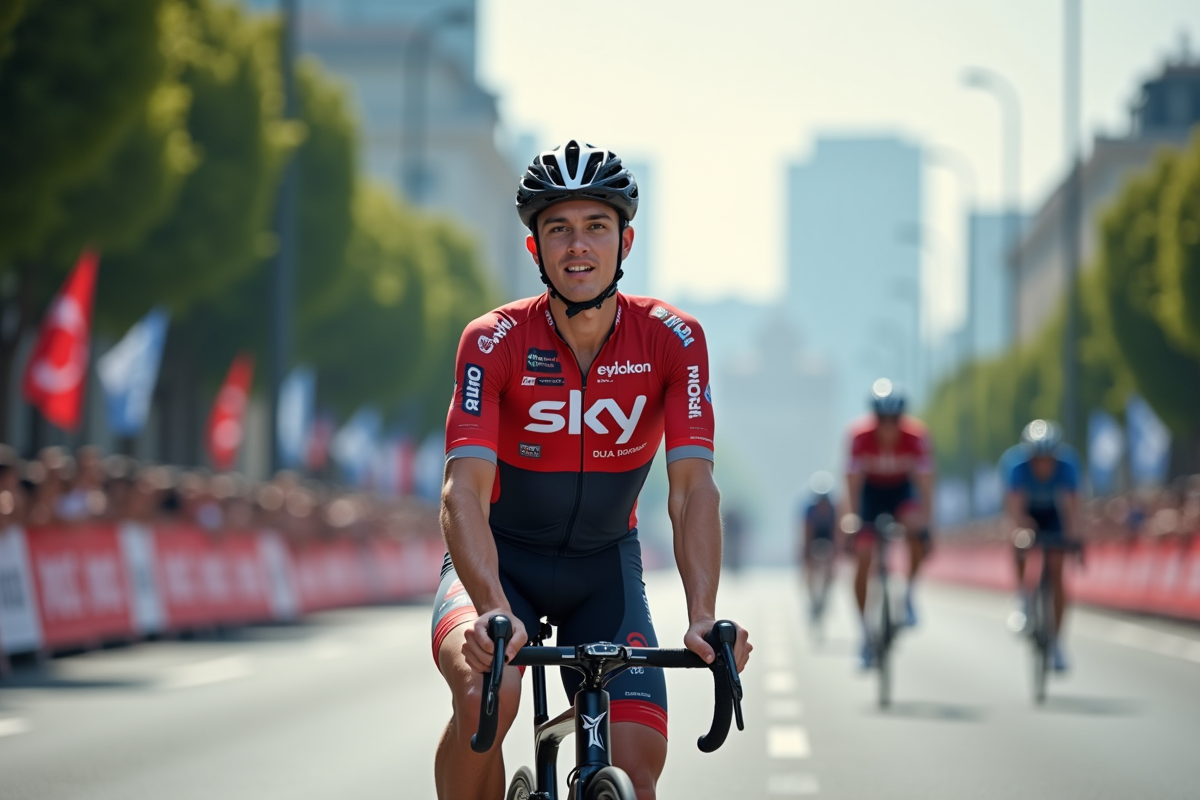 Jeune cycliste professionnel en équipe à l'arrivée