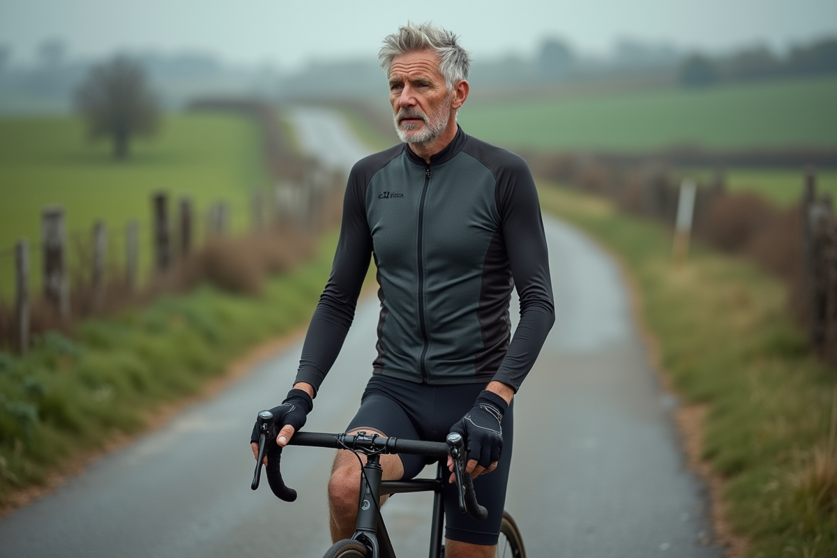 Cycliste plus âgé en milieu rural contemplatif