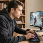 Jeune homme concentré jouant à un jeu de stratégie sur PC pour découvrir Aeonscope en tant que débutant