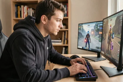 Jeune homme concentré jouant à un jeu de stratégie sur PC pour découvrir Aeonscope en tant que débutant