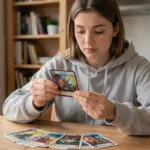Jeune femme débutante examinant une carte de jeu Flammes Fantasmagoriques à la maison