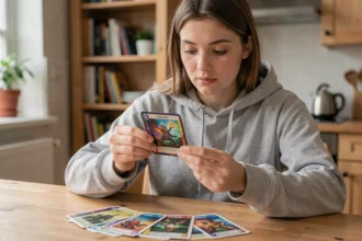 Jeune femme débutante examinant une carte de jeu Flammes Fantasmagoriques à la maison