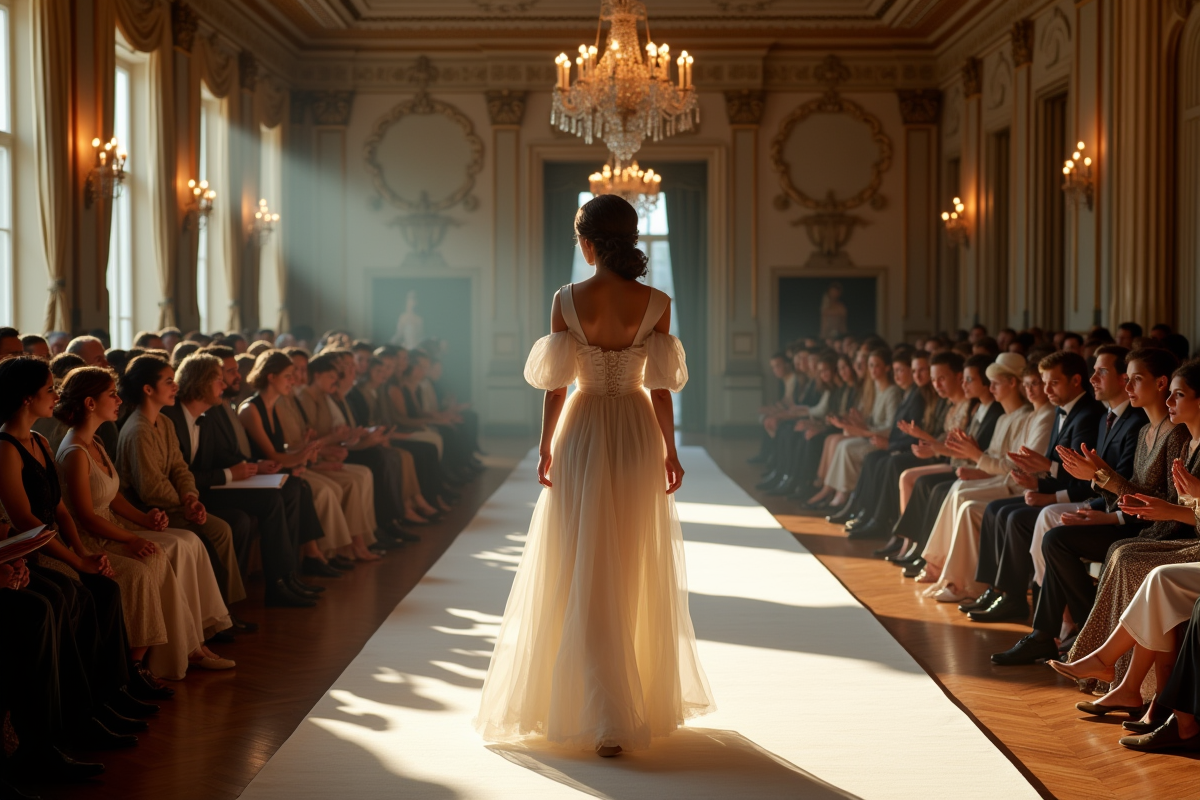 Défilé de mode dans un salon européen ancien avec modèle élégant