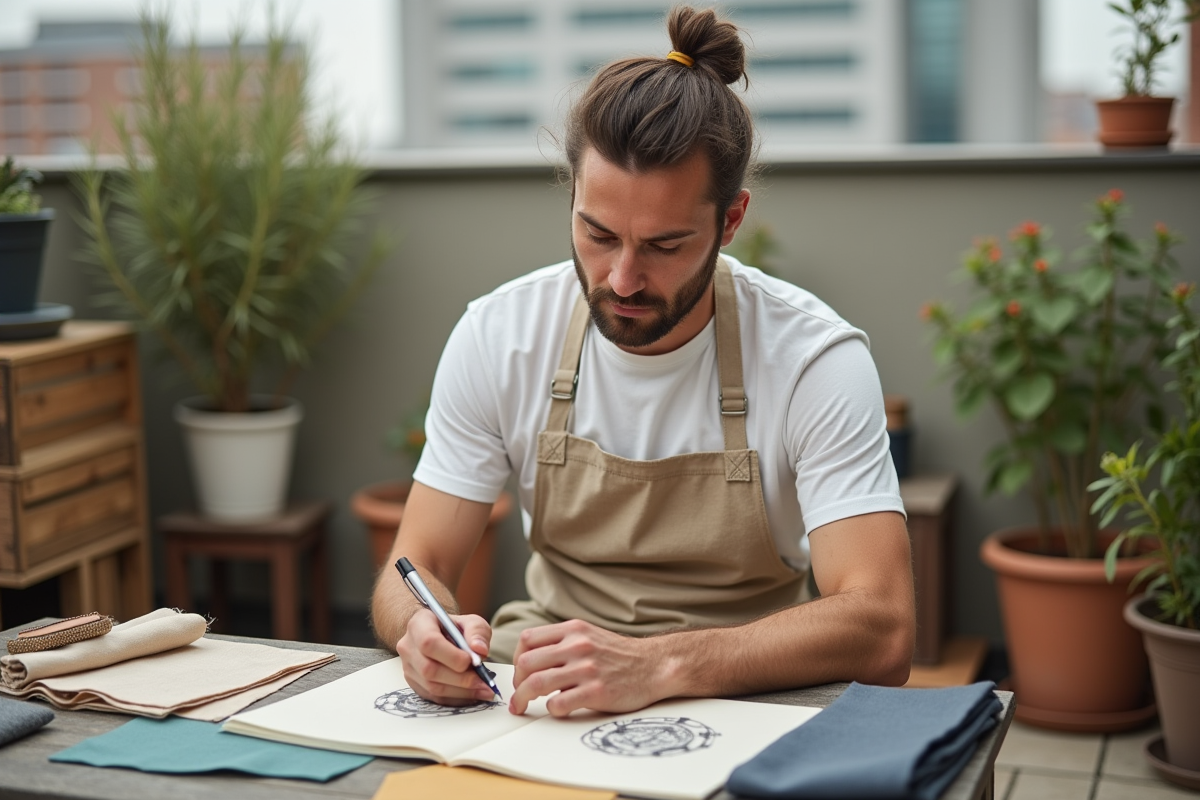 Designer textile homme avec échantillons en extérieur