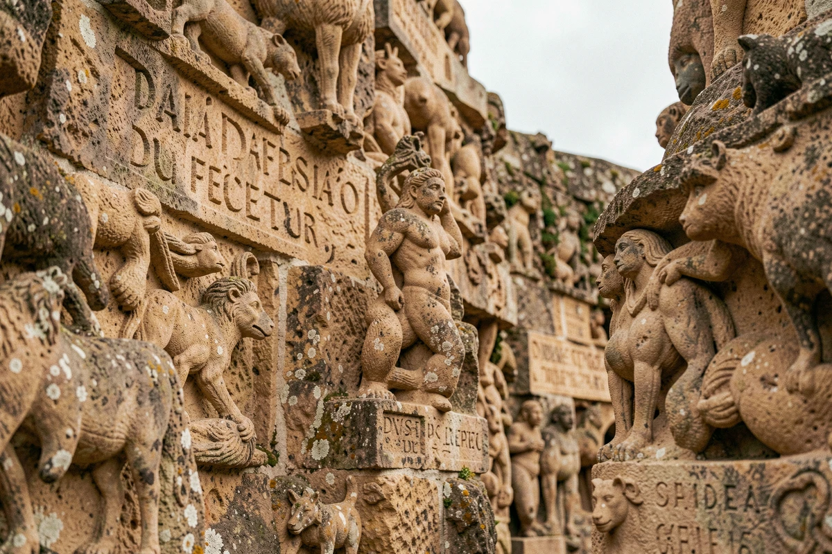 Détail des sculptures en pierre du Palais Idéal du Facteur Cheval, montrant des reliefs d'animaux et d'inscriptions gravées à la main