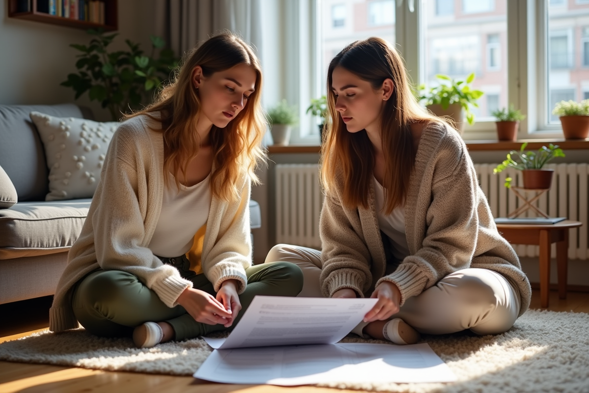 Deux jeunes femmes discutant d’un contrat de location dans un salon chaleureux